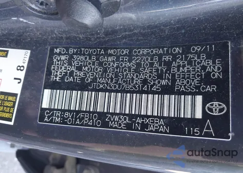 2011 Toyota Prius Three z USA, uszkodzony, nr VIN JTDKN3DU7B5314145